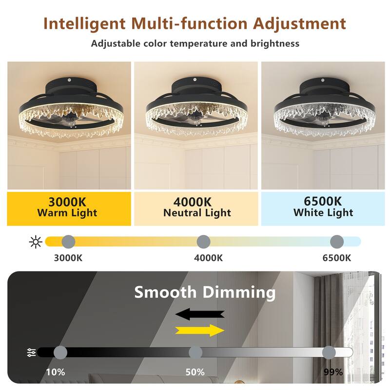 Smart Silent Elegant Black Ceiling Fan with Light - 16-inch Flush Mount LED Chandelier with 5 Invisible Blades