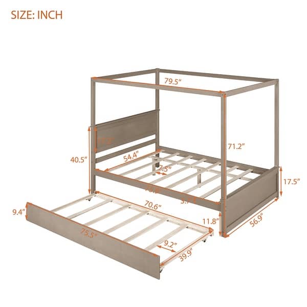 dimension image slide 1 of 3, Full Size Canopy Bed with Twin Size Trundle Bed, Solid Wood Full Platform Bed with Headboard, Footboard and Slat Support
