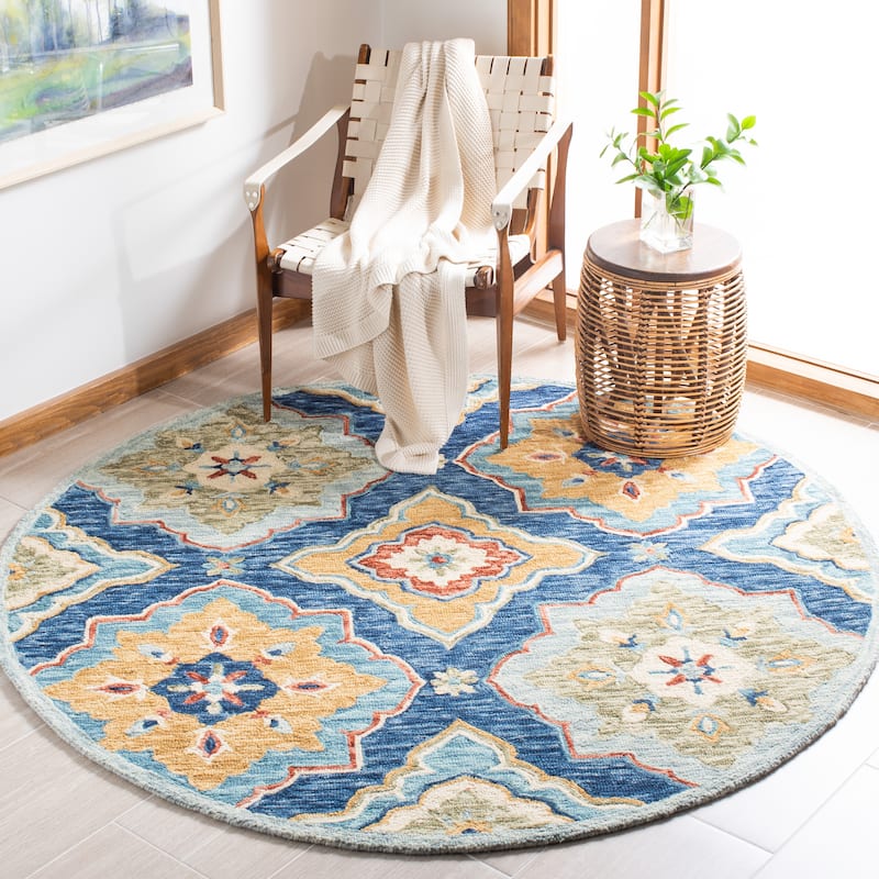 SAFAVIEH Handmade Suzani Aisha Floral Trellis Wool Rug - 6' Round - Navy/Green