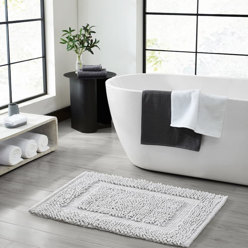 Sophie Border Ultra-plush Chenille Non-Slip Cotton Bath Mat - 27 x 45 - Soft Gray