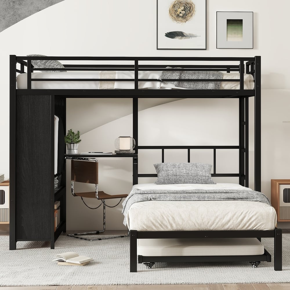 Metal L Shaped Bunk Bed Frame with Trundle Bed for 3, Heavy Duty Metal Bunk Bed with Wardrobe and Foldable Desk