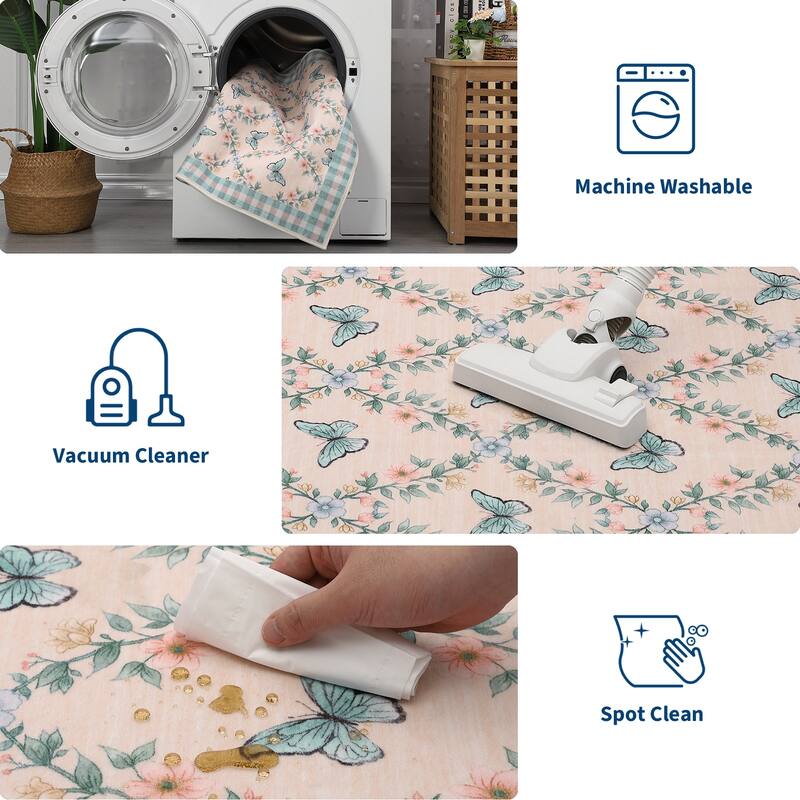 Butterfly Pattern Rugs for Living Room, Modern Floral Area Rug, Washable Border Plaid Non Slip Floor Carpet