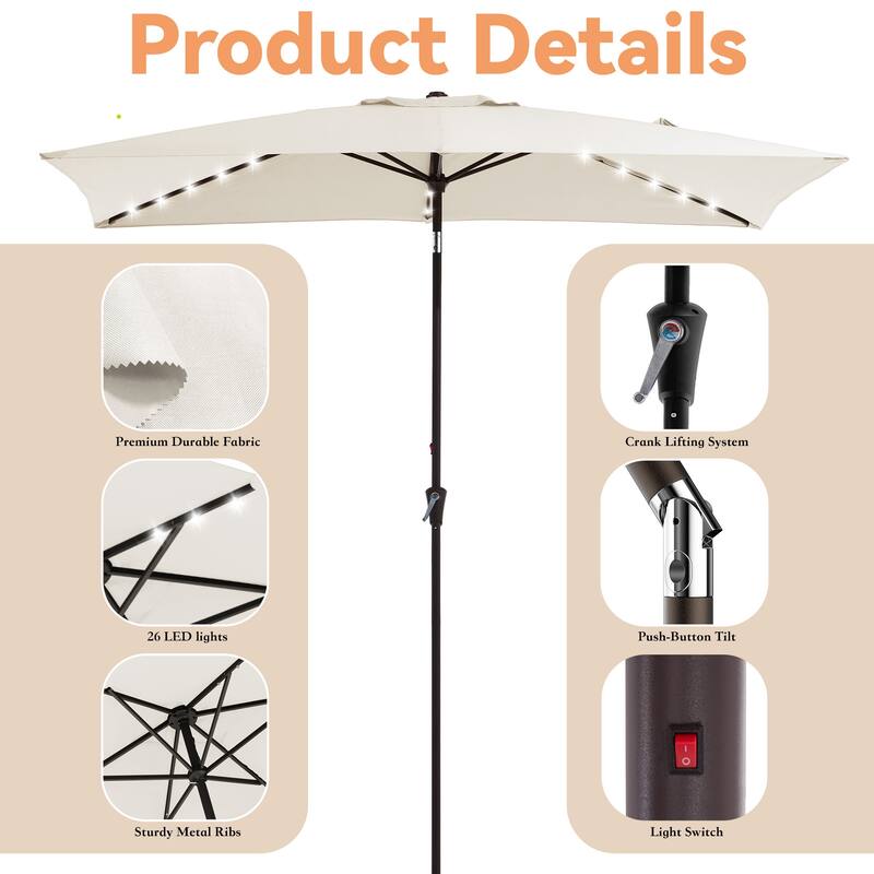 6.5*10ft Rectangular Patio Market Umbrella with LED Lights,Crank & Tilt