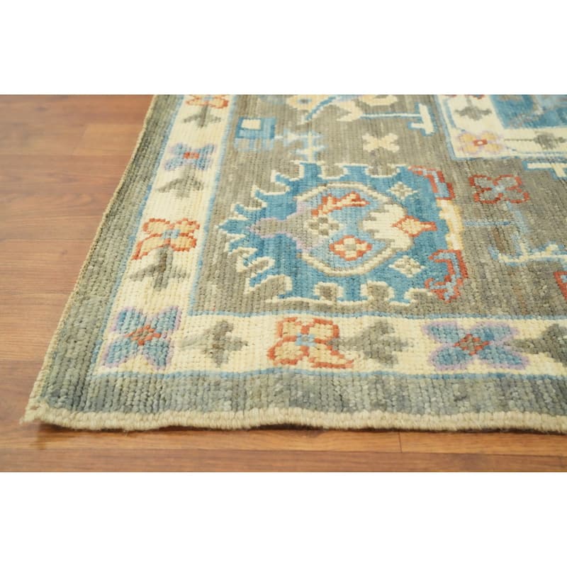 Handmade Gray Oushak Vegetable Dye Area Rug, Floral Geometric Carpet - 11' 10'' X 9' 2''
