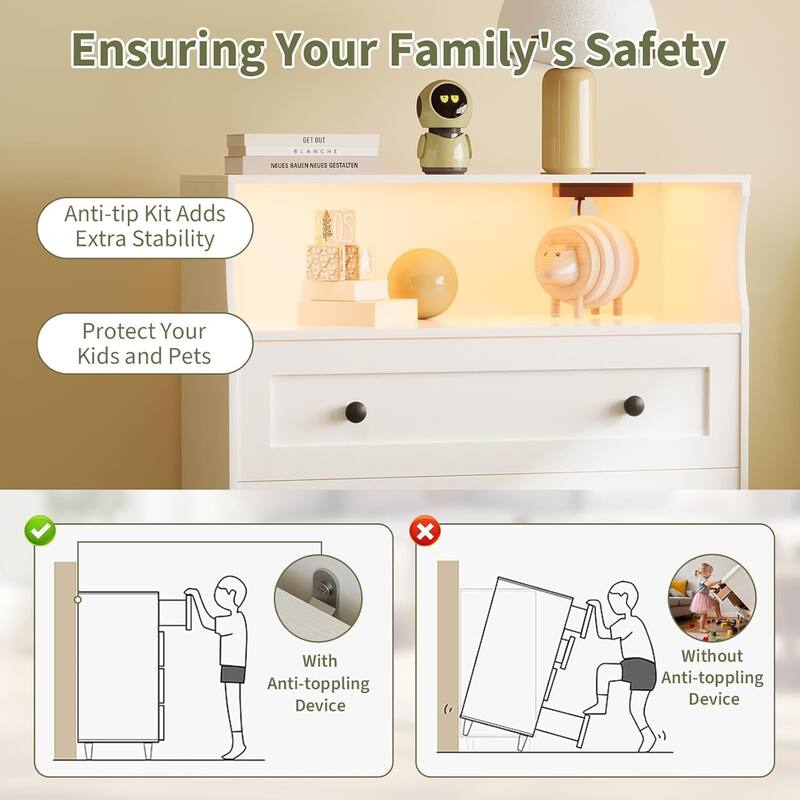 3 Drawer Dresser for Bedroom with Charging Station & LED Lights