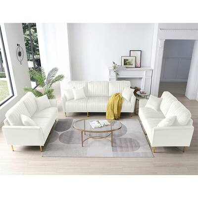 Cream Velvet Upholstered Living Room Sofa Set