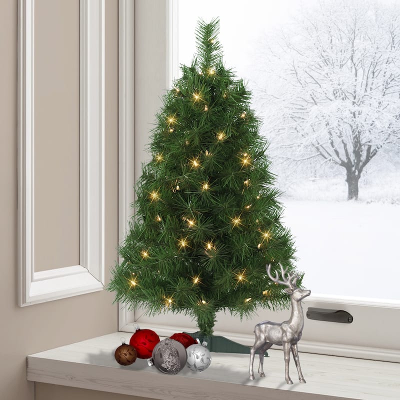 Puleo International 3 ft. Pre-Lit Snow Ridge Artificial Fir Tree - Green