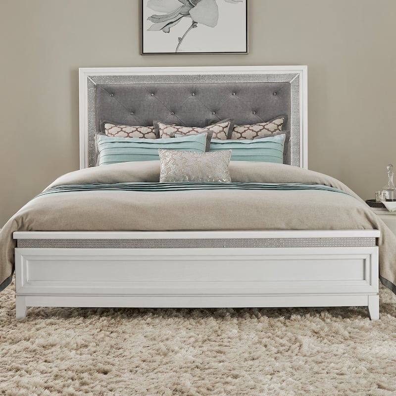 Reflections Pearl White Rhinestone Upholstered Panel Headboard with Lights - King, Queen, Full, Twin
