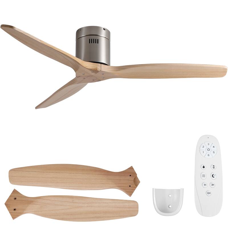 52In. Farmhouse Indoor Flush Mount Low Profile Ceiling Fan with Solid Wood Blades and Remote Control