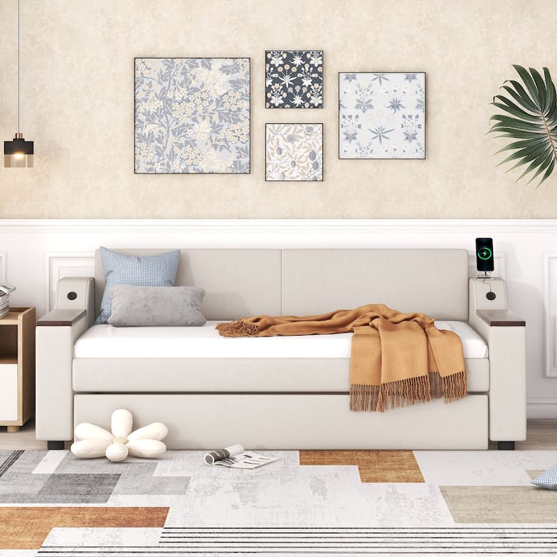 Twin Size Upholstered Daybed with Storage Arms, Trundle, and USB Charging in Beige