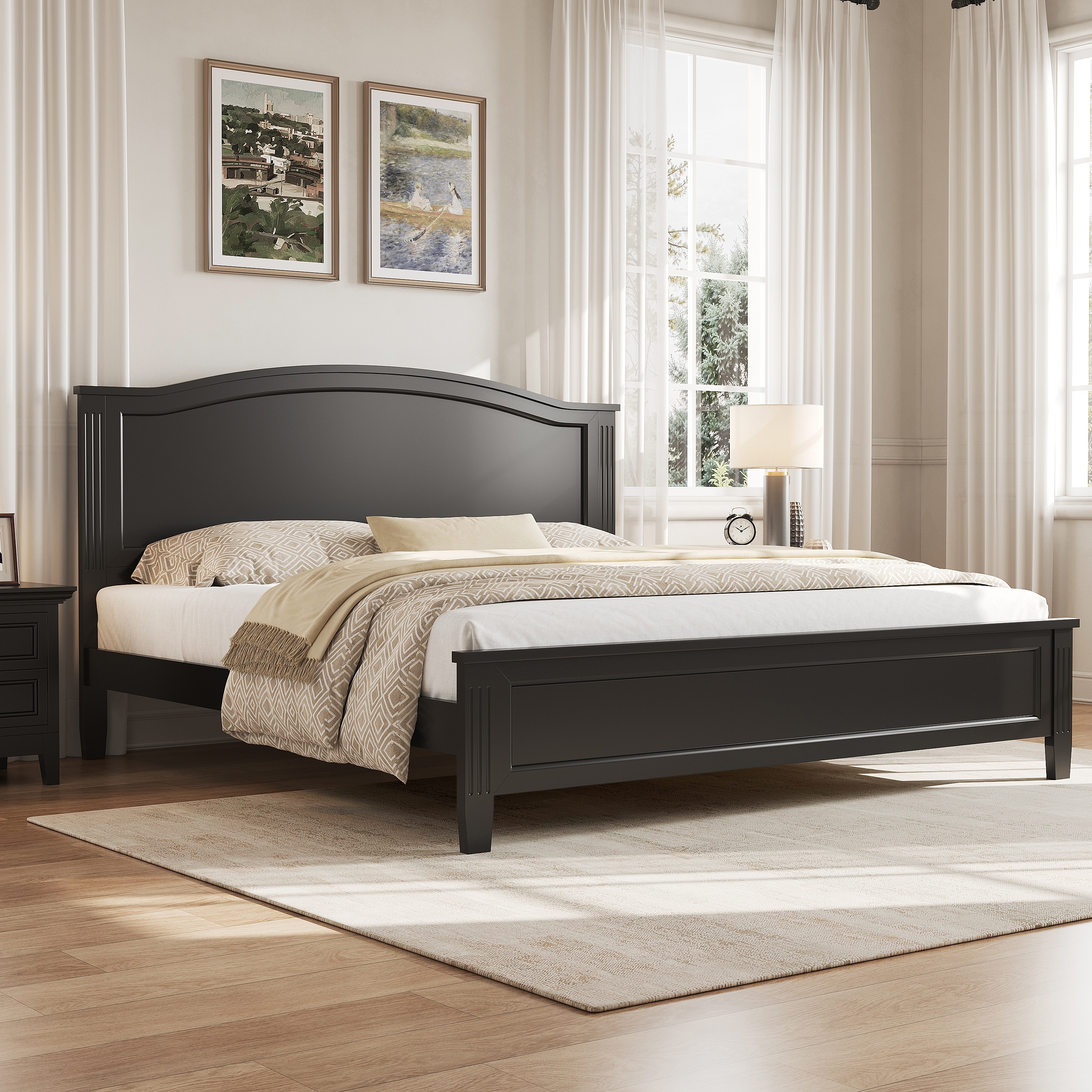 Roomfitters Full Size Wooden Platform Bed Frame with Arched Camelback Headboard, Classic Panel Bed for Bedroom