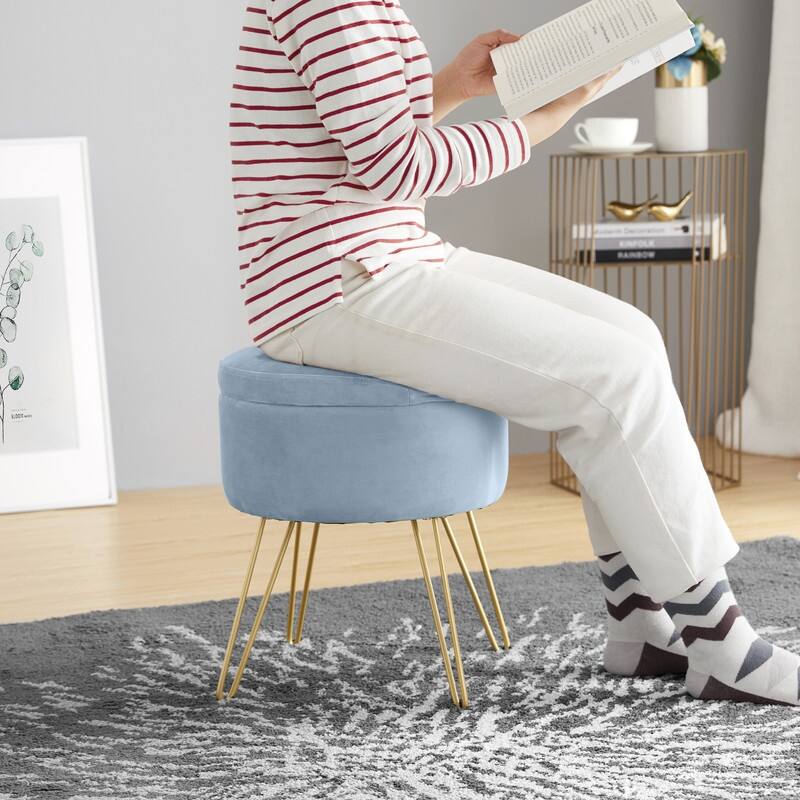 Round Velvet Storage Ottoman with Tray Top Table