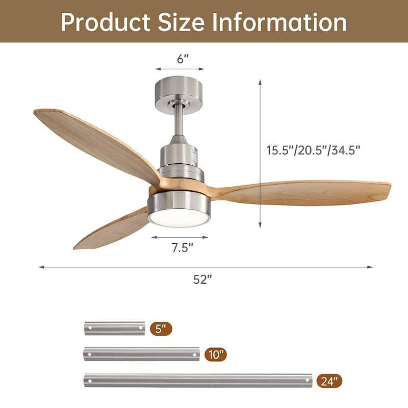 52" Farmhouse Style Wood Walnut Ceiling Fan With Lights and Remote Control, Dimmable LED Optional