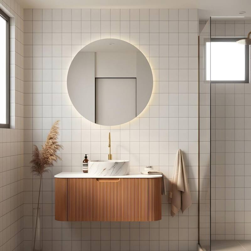 Floating Bathroom with Round Ceramic Basin and Storage Drawer - 36 - Natural Wood