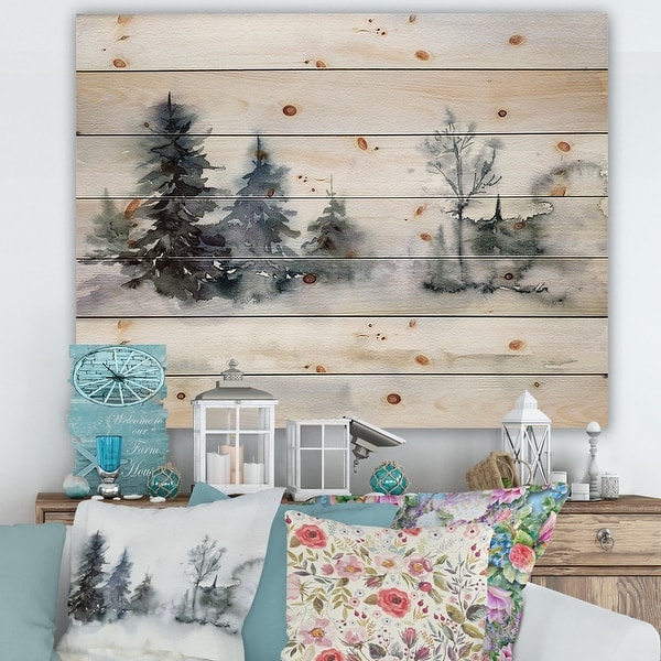 slide 2 of 5, Designart 'Christmas Minimalistic Forest Landscape and Snow' Lake House Print on Natural Pine Wood