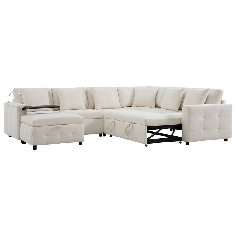 Tufted Chenille Sectional Sofa with Pull-out Bed, Flip-up Table Panel, Reading Lamp, Charging Ports, Storage Ottoman, 6 Pillows