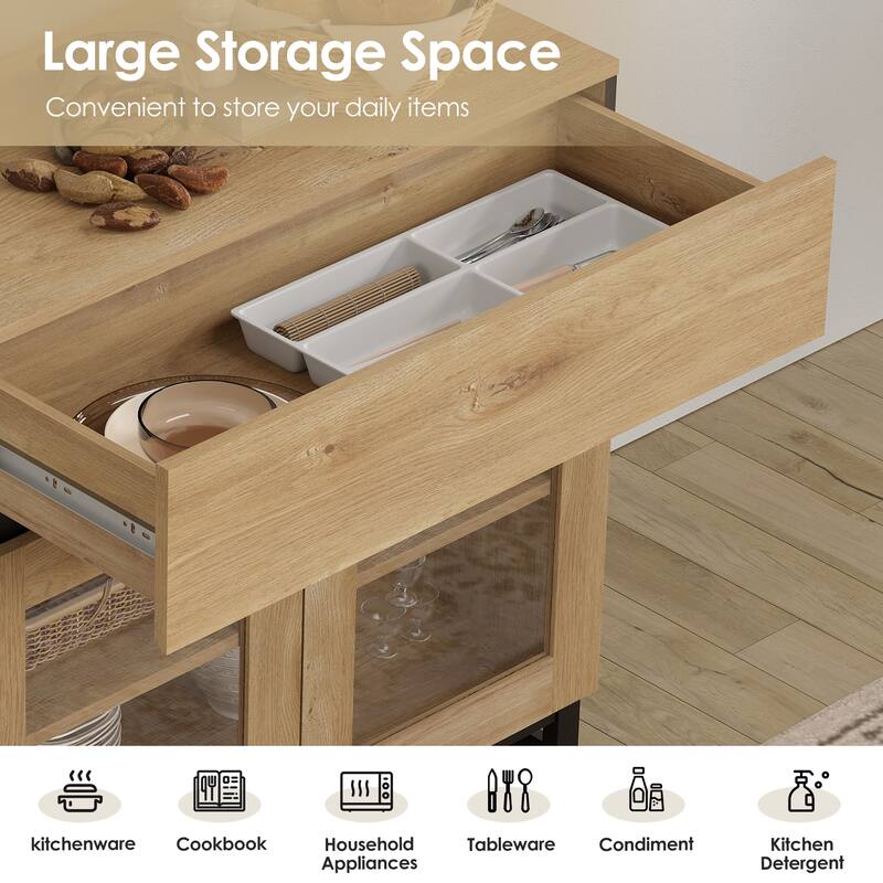 Modern 4 in 1 TV Stand for 120" TVs, Console with Glass Doors & 8 Drawers, Entertainment Center