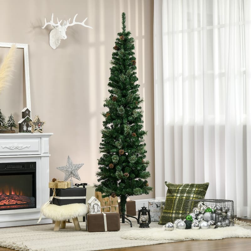 HOMCOM 6.5 ft. Pine Cone Decorated Slim Christmas Tree with Stand - Green