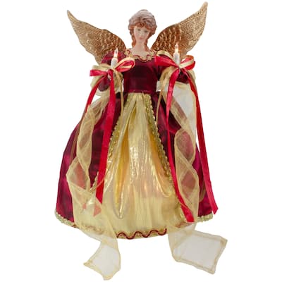 13.5" Lighted Red Gold Angel Wings Christmas Tree Topper Clear Lights