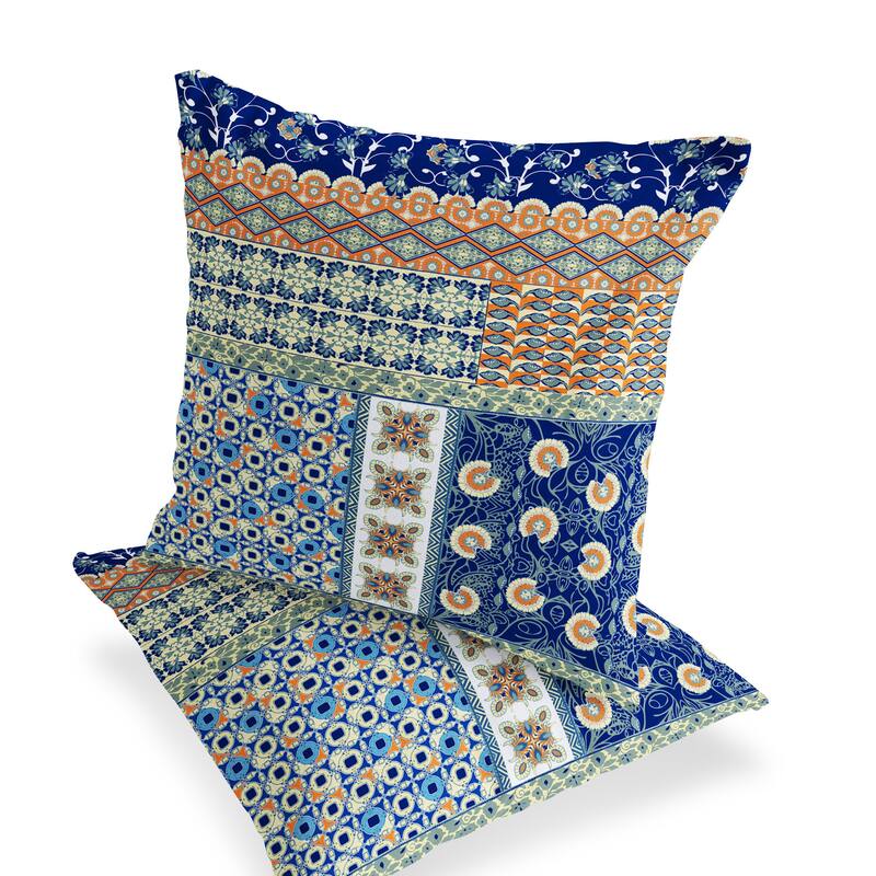 HomeRoots Set of Two 16" X 16" Blue and Orange Blown Seam Floral Indoor Outdoor Throw Pillow - 16.00' X '16.00' X '5.00