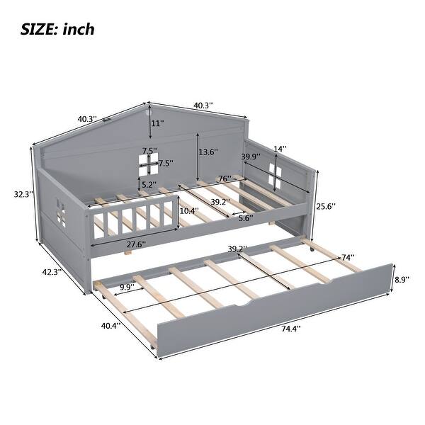 dimension image slide 2 of 4, Charming House-shaped Design Wooden Daybed with Fence, Trundle and Smart Sensor Lights, Twin size
