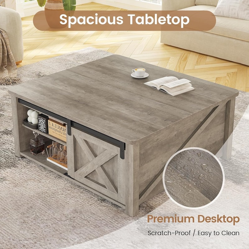 Coffee Table Lift Top Square Center Table Barn Door Adjustable Shelves