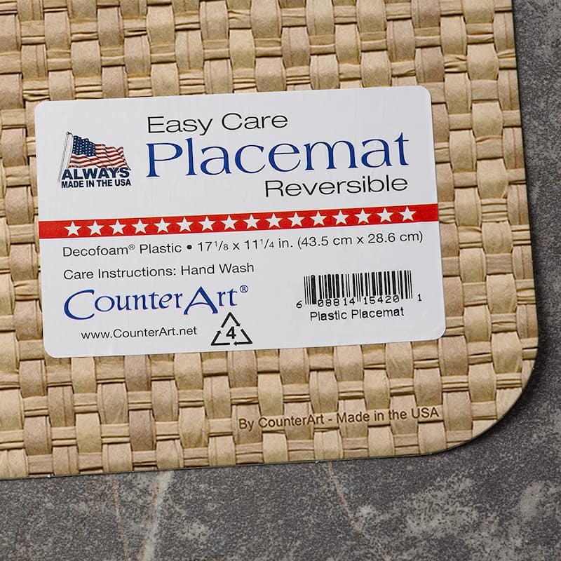 CounterArt Taupe and Natural Basket Weave Design Reversible Easy Care Plastic Placemat Set of 4 Made in The USA