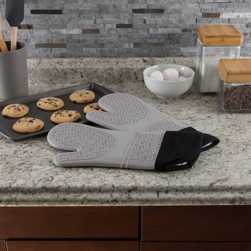 Extra-Long Silicone Oven Mitts - Heat-Resistant and Waterproof Pot Holders with Quilted Lining by Lavish Home (Gray)
