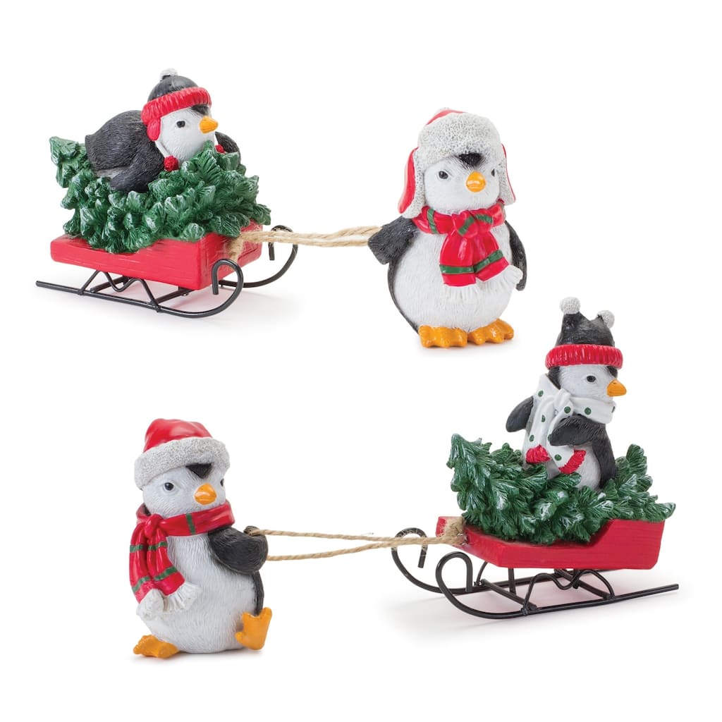 Set of 2 Playful Penguin with Sled Christmas Tabletop Figurines 8.75"