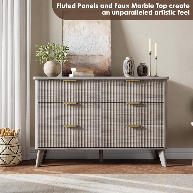 Modern Fluted 6 Drawers Dresser TV Stand for Living Room, Bedroom