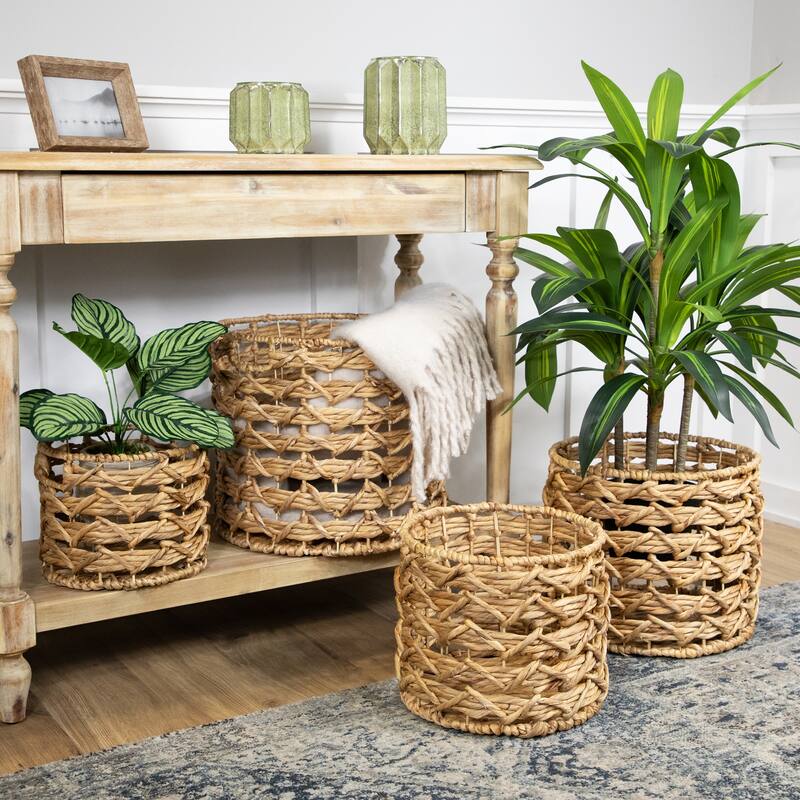 Set of 4 Open Fishtail Weave Water Hyacinth Storage Baskets with Handles 15.5" - 15.5