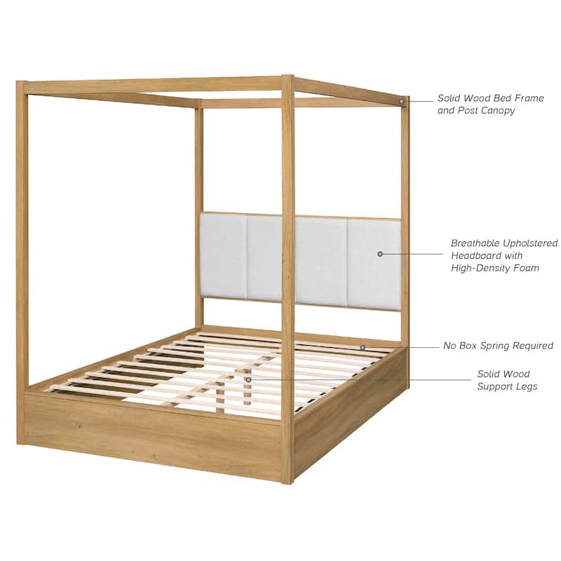 WAMPAT Modern Queen Size Canopy Bed Frame with Upholstered Headboard, Solid Wood 4 Poster Bed, No Box Spring Needed for Bedroom