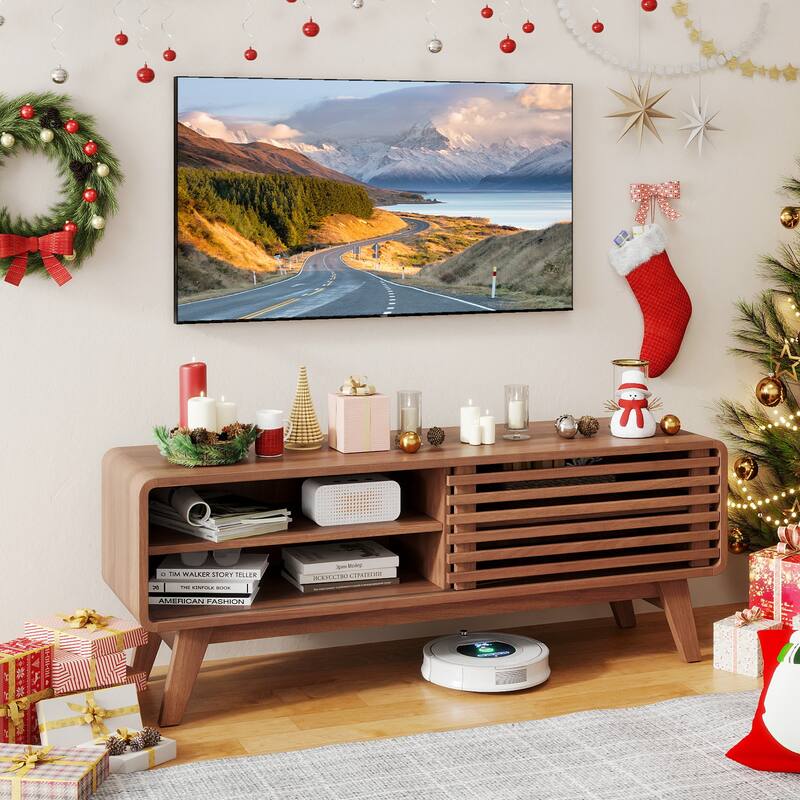 Gymax TV Stand w/Sliding Door Adjustable Shelves & Rubber Wood Legs