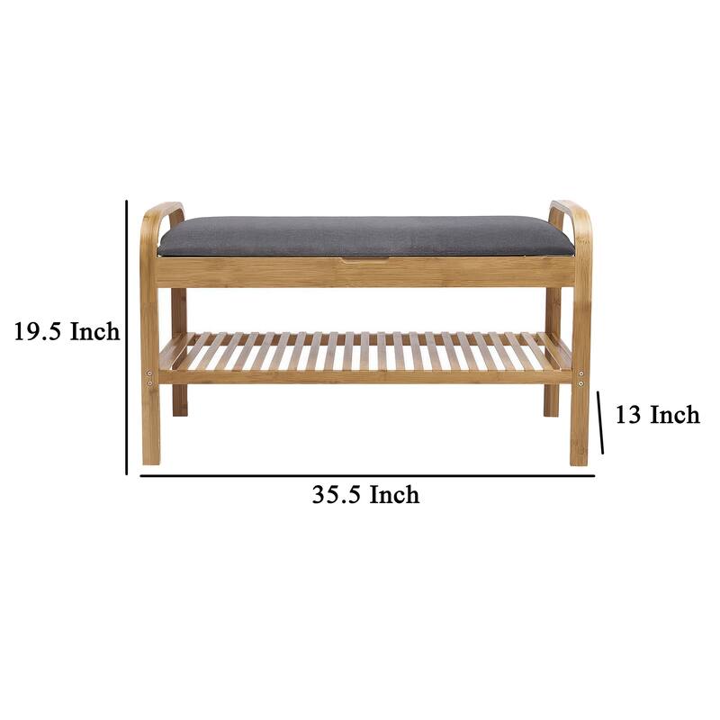 Mindy Shoe Storage Bench, Gray Polyester Seat, Walnut Brown Bamboo, 36 Inch