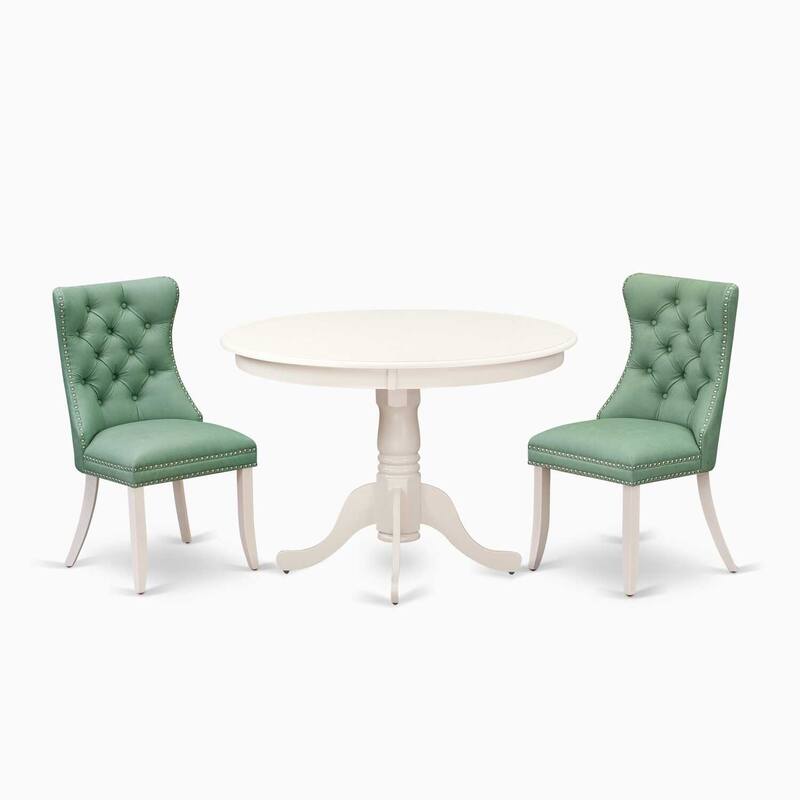 3-Piece Linen White Finish Solid Wood Top-Round Upholstered Dining Room Set-Seats 4