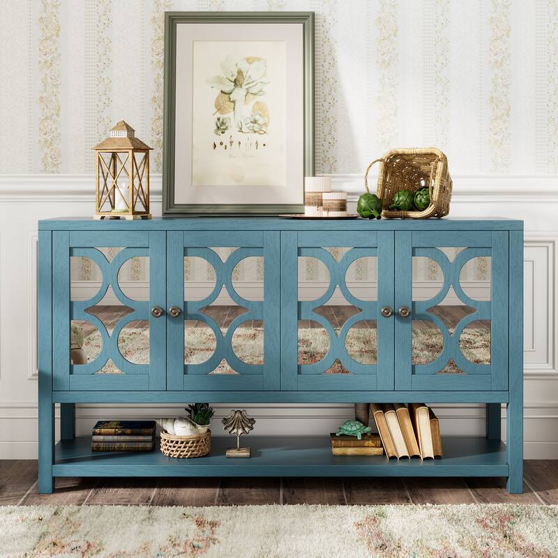 Mirrored Console Table with Acacia Wood Legs, Elegant Storage for Living Room - Blue