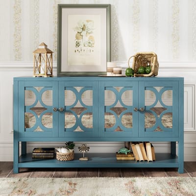 Mirrored Console Table with Acacia Wood Legs, Elegant Storage for Living Room
