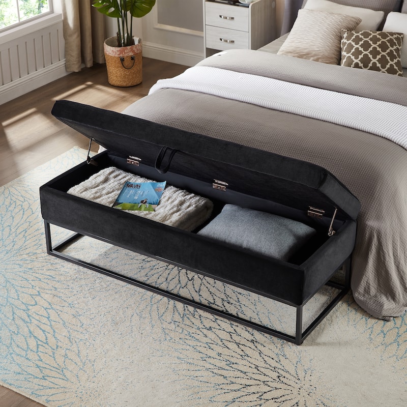Roomfitters 58.6" Upholstered Bed Bench with Storage, Velvet Bedroom Bench with Metal Base