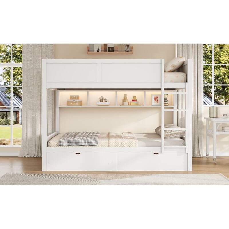Roomfitters Full XL Over Full XL Bunk Bed with Storage Cabinets, LED Light and Drawers