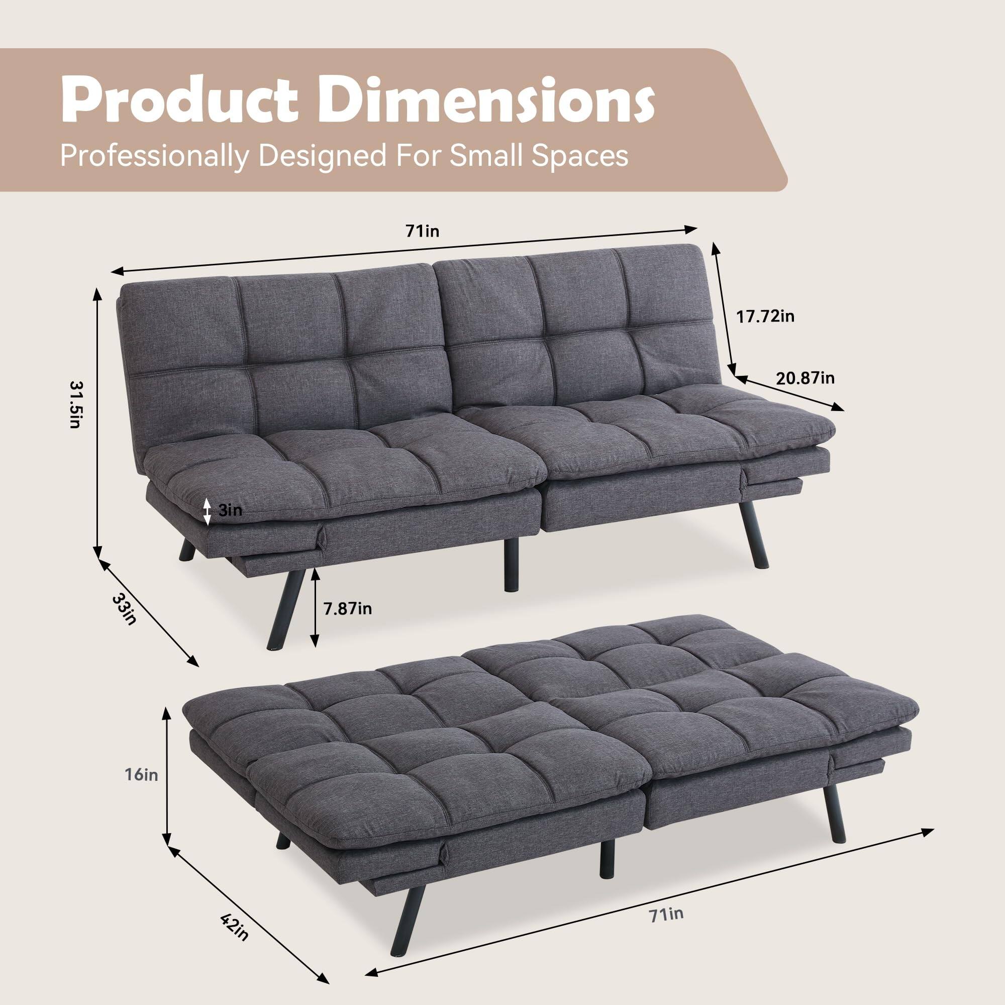 Convertible Futon Sofa Bed,Gray Fabric Memory Foam Loveseat,Small Euro