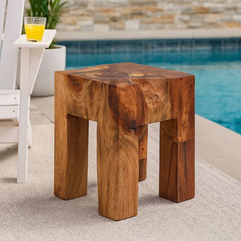 Dusty Outdoor Stool, Square Shaped Design, Brown Solid Teak Wood