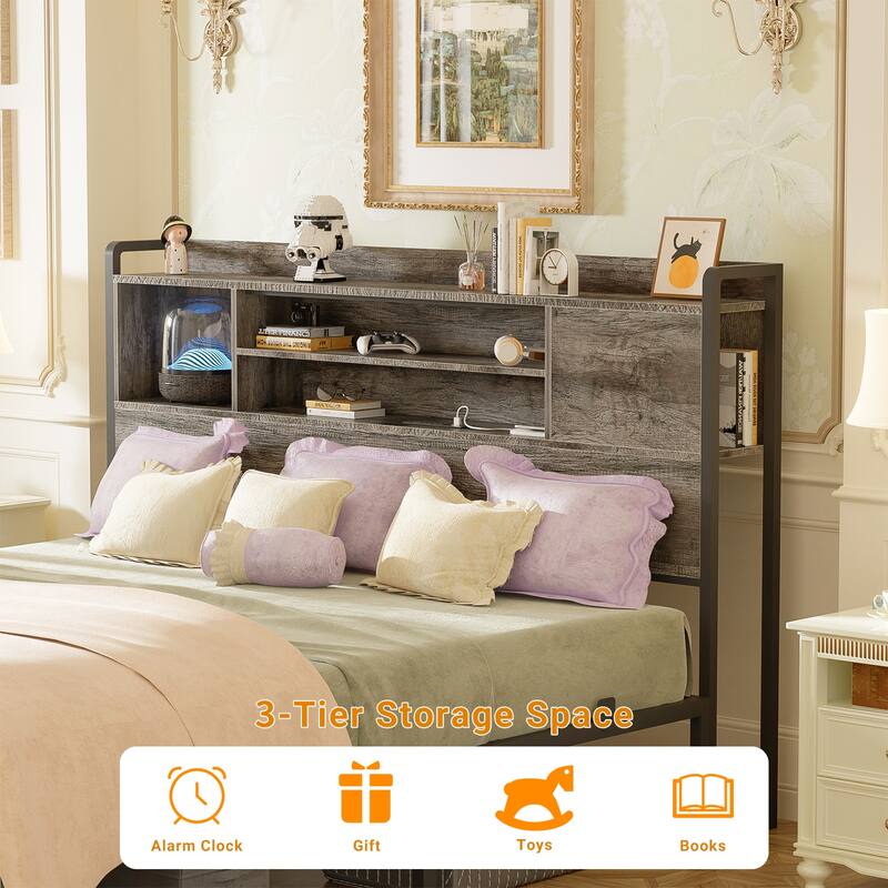 Platform Bed Frame with Reversible Storage Bookcase Headboard and Charging Station and RGB LED Lights