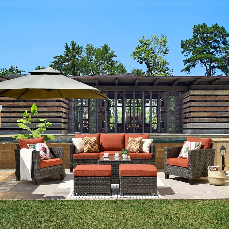OVIOS 6-piece Outdoor Patio Wicker Conversation Set With Glass-Top Table - Red/Orange