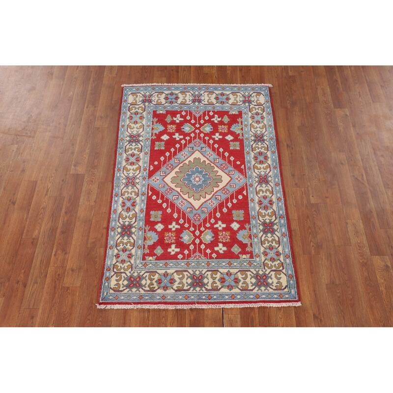 Geometric Red Kazak Foyer Rug Hand-Knotted Oriental Accent Wool Carpet - 3'2" x 4'9"