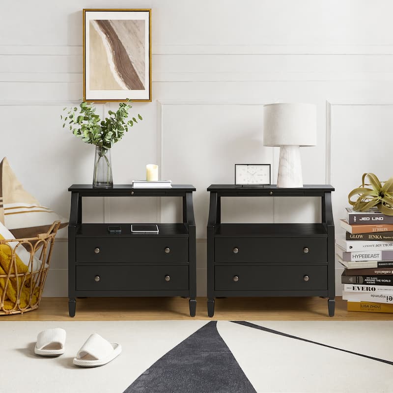 Jennifer 2 - Drawer Nightstand with Built-In Outlets and Pull-out Tray Set of 2 by HULALA HOME - Black