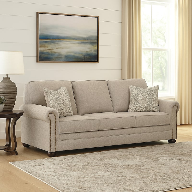Gael Sofa, Gray Beige Polyester, Dark Brown Nailhead Trim 87 Inch