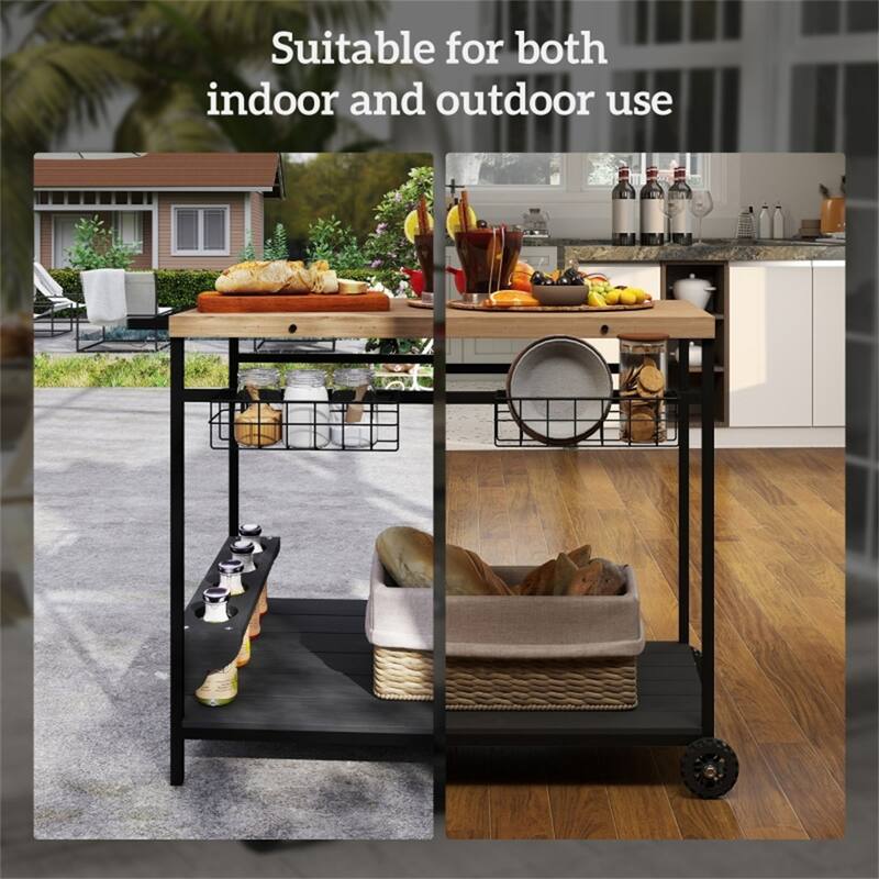 Natural Wood and Metal Outdoor Bar Cart with Two Shelves, Baskets, Wine Holders, and Wheels Mobile Serving Cart