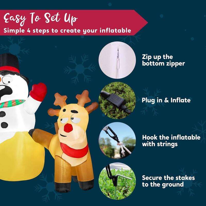 6.6 FT Long Christmas Inflatable Reindeer Peeing on Snowman, Blow Up Inflatables with Build-in LEDs - Multicolor