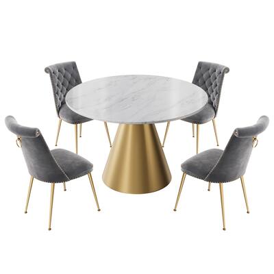 48" Marble Top Metal Dining Table with Velvet Dining Chair Set
