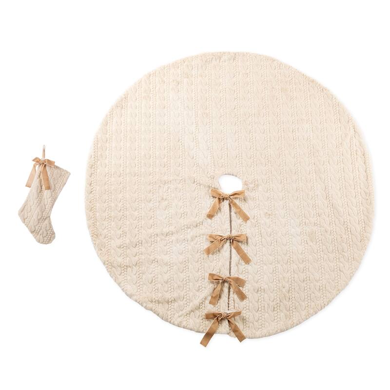 Glitzhome 21"L Plush Faux Fur Christmas Stocking with Bow & Tree Skirt - Faux Marten Fur & 60"D Tree Skirt